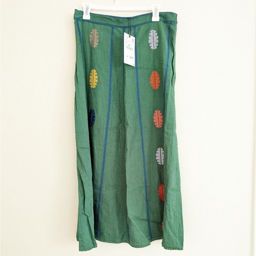 ZARA GREEN EMBROIDERED LINEN BLEND LEAF MIDI SKIRT XS NWT